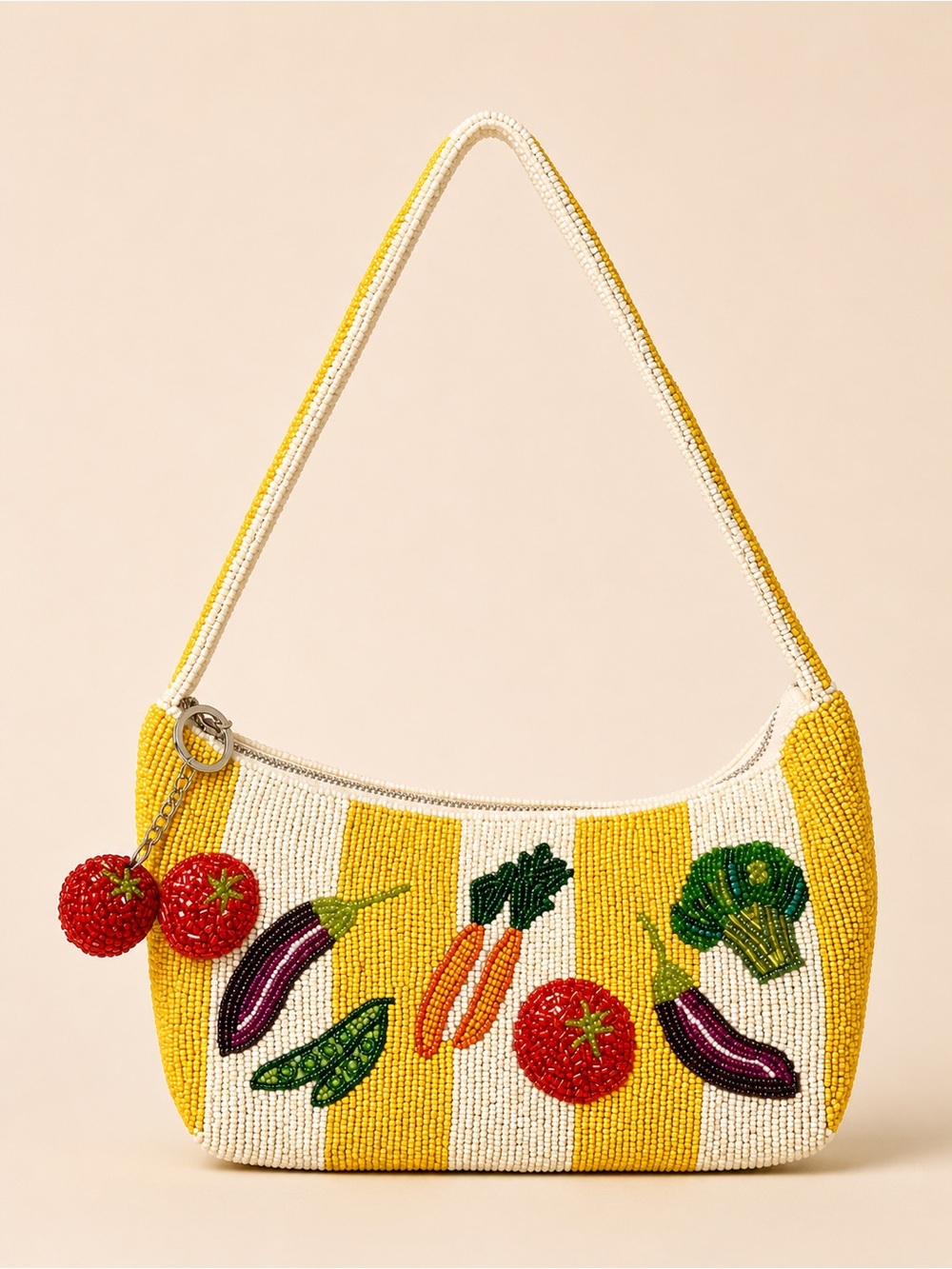 Yellow & White Beaded Veggie Stripe Shoulder Bag